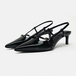 Zara Buckled Strap Slingback Shoes in Black Size 37 (US 6.5)